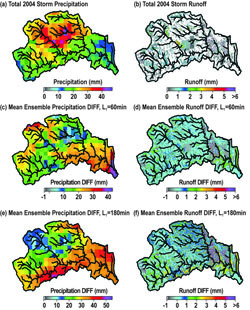 Figure 10. Spatial distribution of total (a) rainfall and (b) runoff at LTHOM during Storm 2004, 2 using QPE forcing; mean ensemble difference of precipitation for (c) 60-min and (e) 180-min 3 lead times; and mean ensemble differences of runoff for (d) 60-min and (f) 180-min lead times.