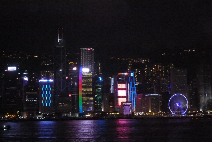 The Hong Kong skyline lit up at night during the daily Symphony of Lights.